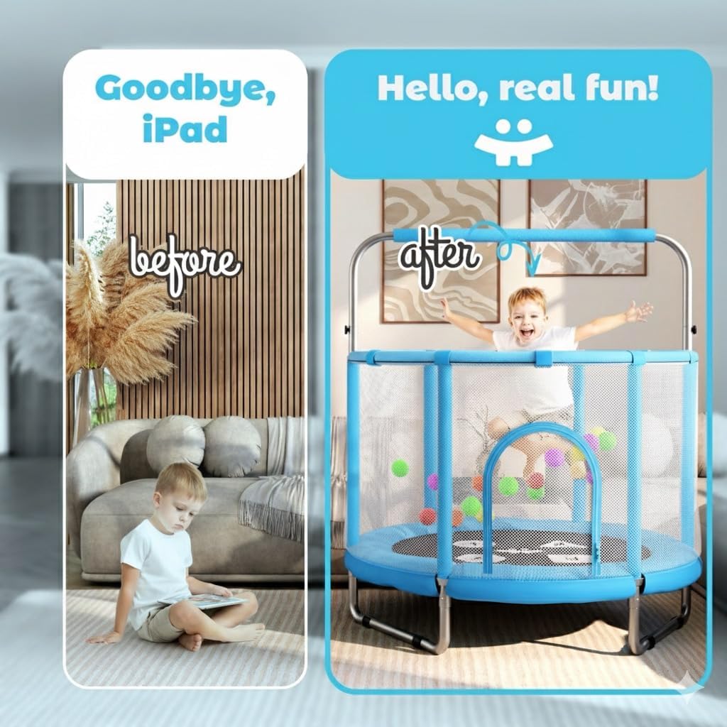 Happin Adventure 55” Kids Trampoline with Safety Net — Fun, Safe & Active Play at Home - Blue