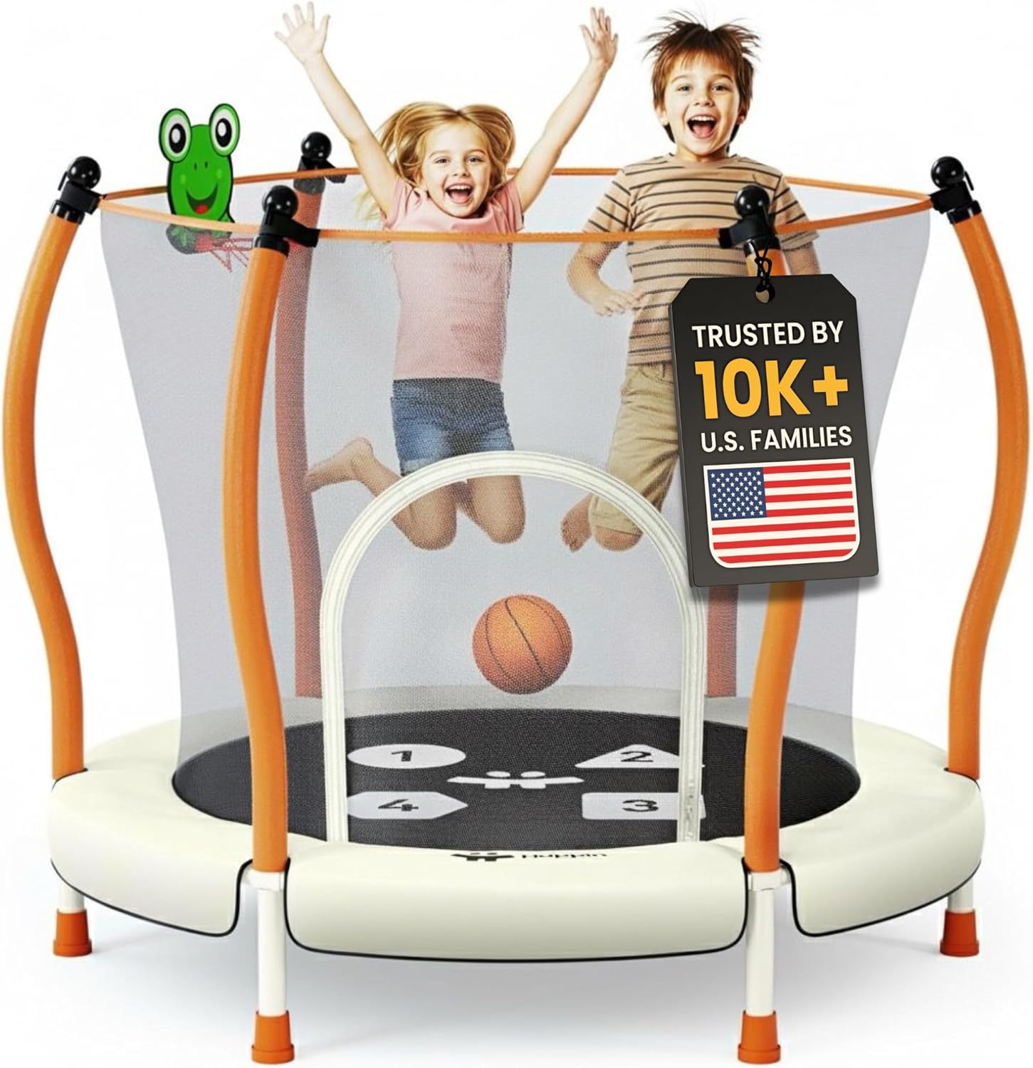 Happin Classic 55” Kids Trampoline with Safety Net — Fun, Safe & Active Play at Home - Beige and Orange