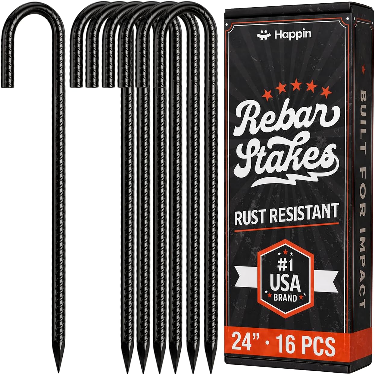 Happin® 24 Inch Rebar Stakes, J Hooks, Tent Stakes Heavy Duty Galvanized Garden Stakes – Trampoline Stakes, Chain Link Fence parts, Canopy, Lawn Decorations, Inflatables, Swing Set