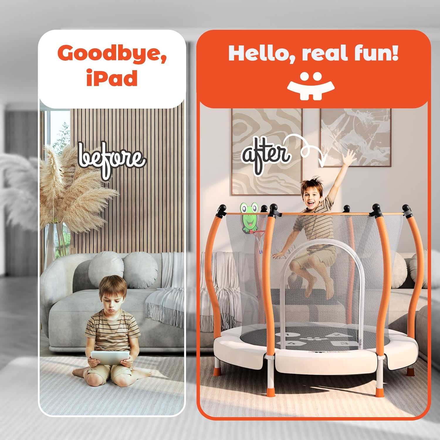 Happin Classic 55” Kids Trampoline with Safety Net — Fun, Safe & Active Play at Home - Beige and Orange