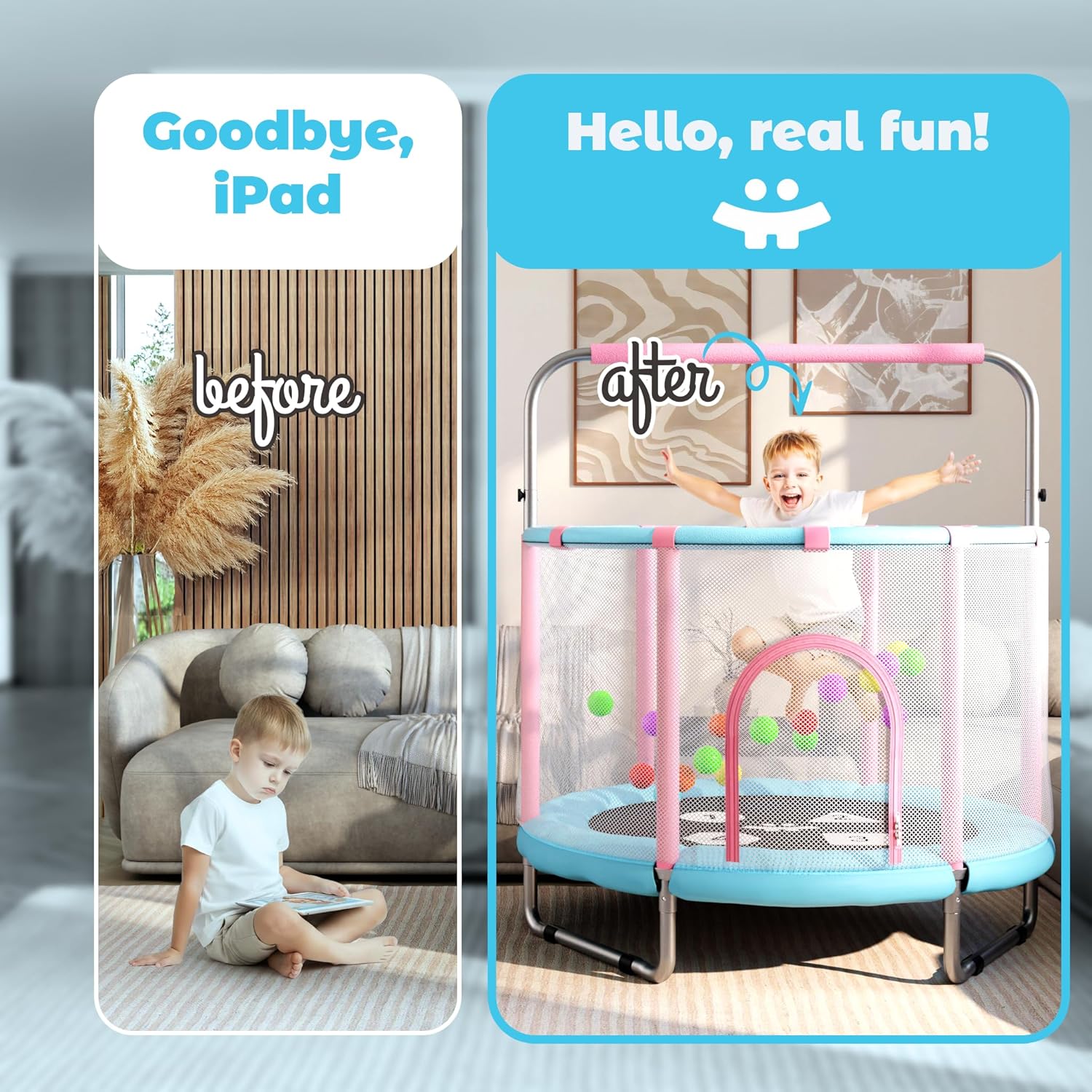 Happin Adventure 55” Kids Trampoline with Safety Net — Fun, Safe & Active Play at Home - Pastel Pink and Blue