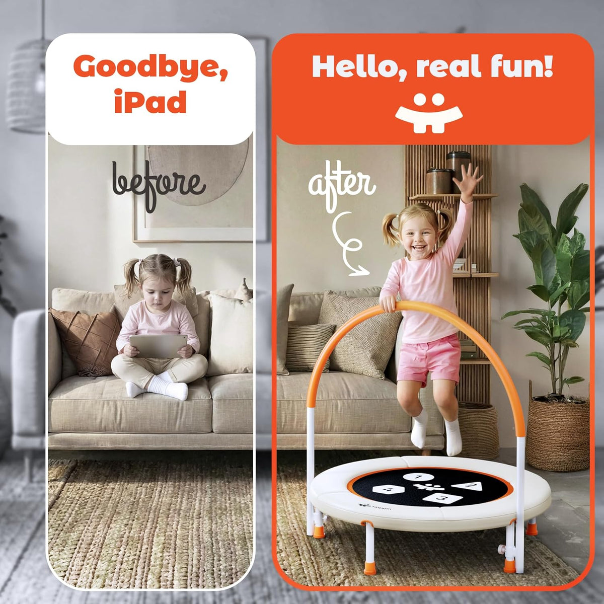 Happin 36” Mini Trampoline for Toddlers — Safe, Fun & Perfect for Little Jumpers - Beige and Orange