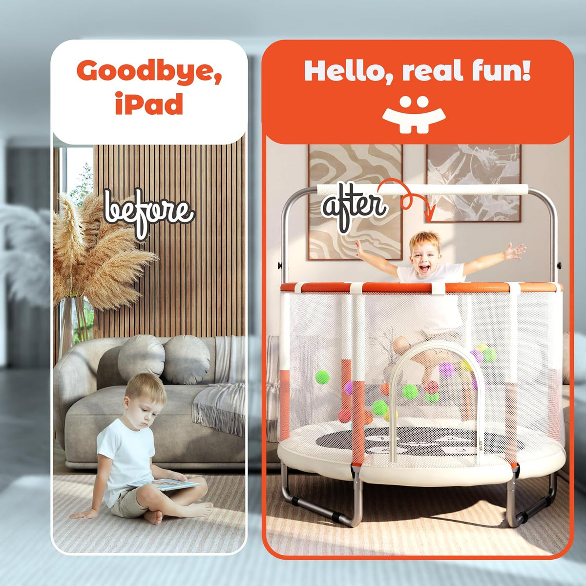 Happin Adventure 55” Kids Trampoline with Safety Net — Fun, Safe & Active Play at Home - Beige and Orange