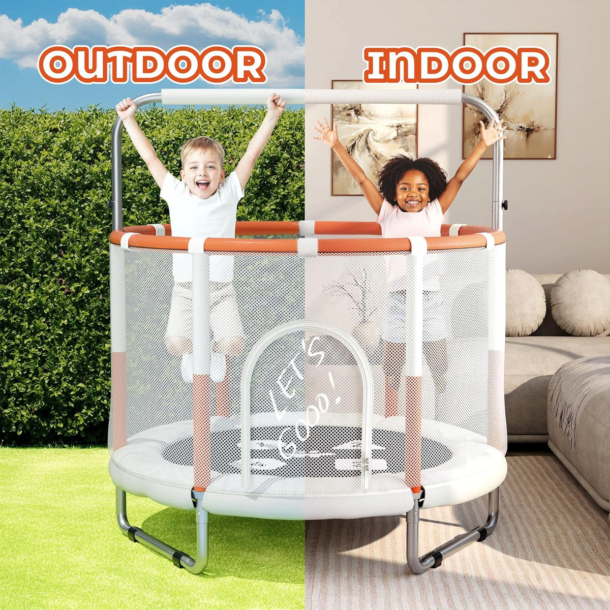 Happin Adventure 55” Kids Trampoline with Safety Net — Fun, Safe & Active Play at Home - Beige and Orange