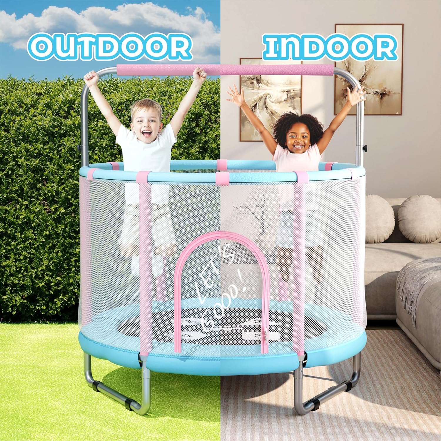 Happin Adventure 55” Kids Trampoline with Safety Net — Fun, Safe & Active Play at Home - Pastel Pink and Blue