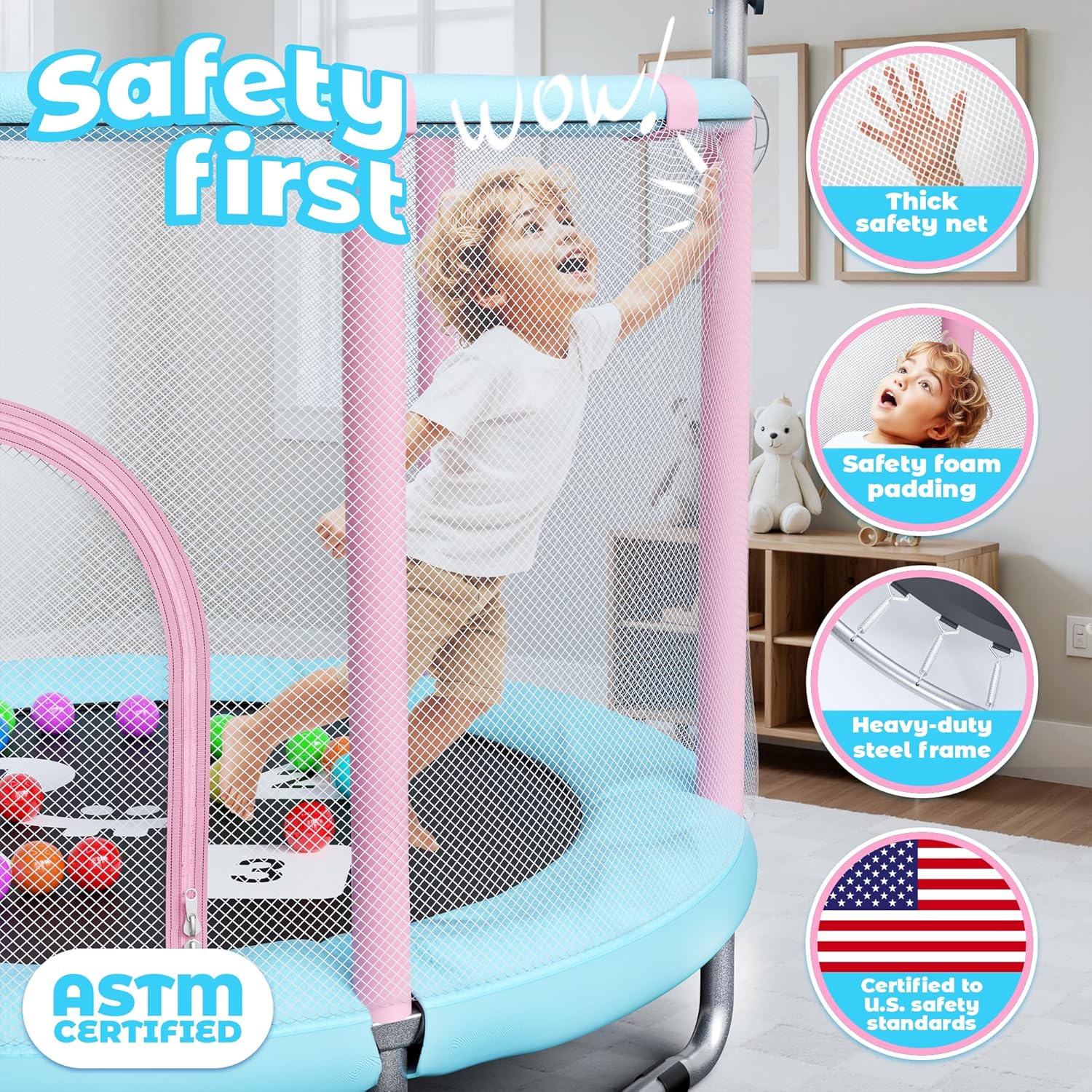 Happin Adventure 55” Kids Trampoline with Safety Net — Fun, Safe & Active Play at Home - Pastel Pink and Blue