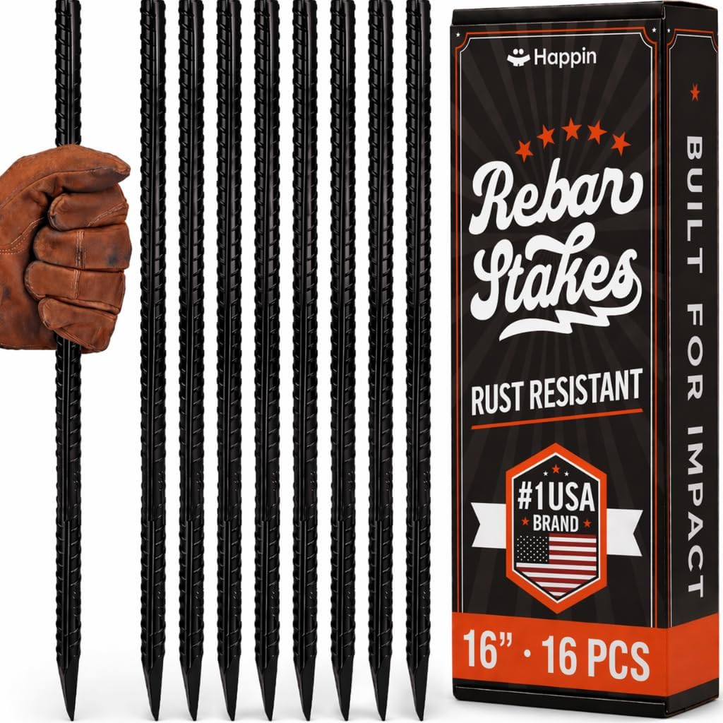 Happin® 16 Inch Rebar Stakes, Straight Garden Stakes Heavy Duty Galvanized Metal Stakes, Landscape Timber, Concrete Form, Tree & Plant Support, Yard Stakes, Ground Anchors (I Shape – 16 Pack)