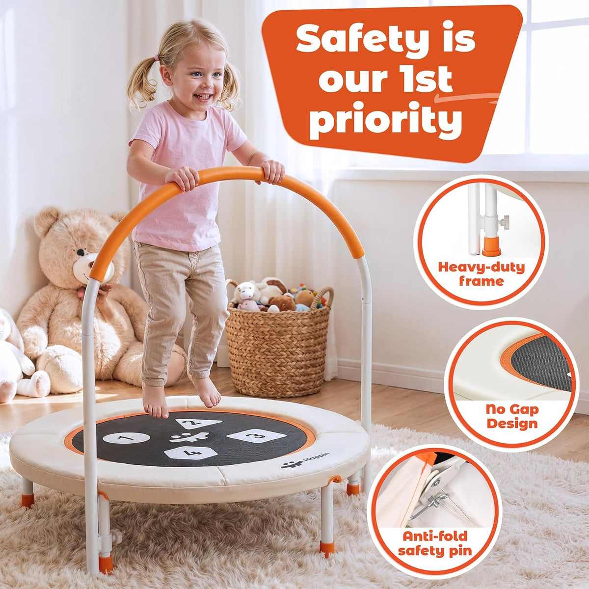 Happin 36” Mini Trampoline for Toddlers — Safe, Fun & Perfect for Little Jumpers - Beige and Orange