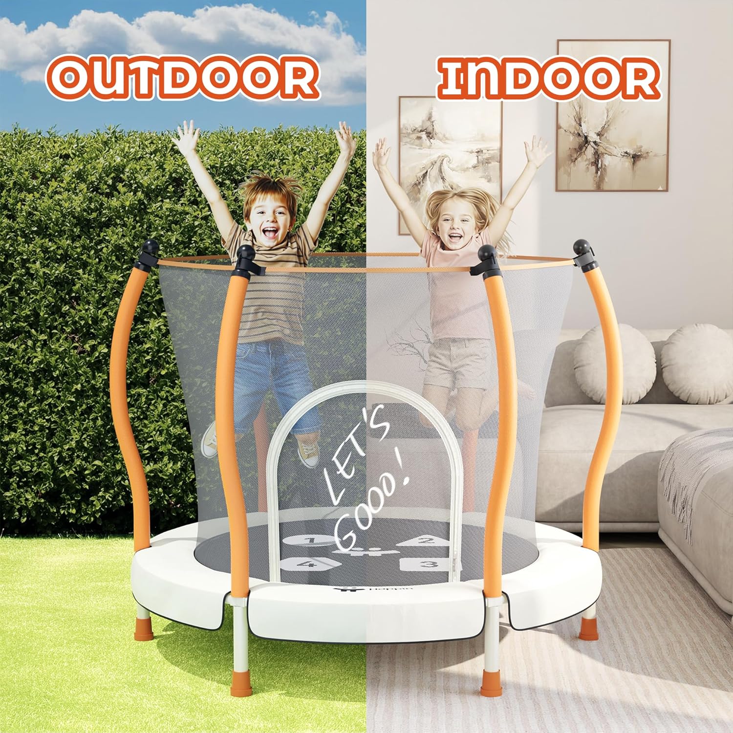 Happin Classic 55” Kids Trampoline with Safety Net — Fun, Safe & Active Play at Home - Beige and Orange