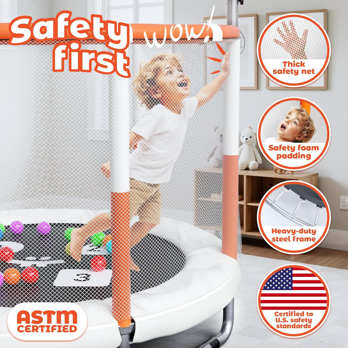 Happin Adventure 55” Kids Trampoline with Safety Net — Fun, Safe & Active Play at Home - Beige and Orange