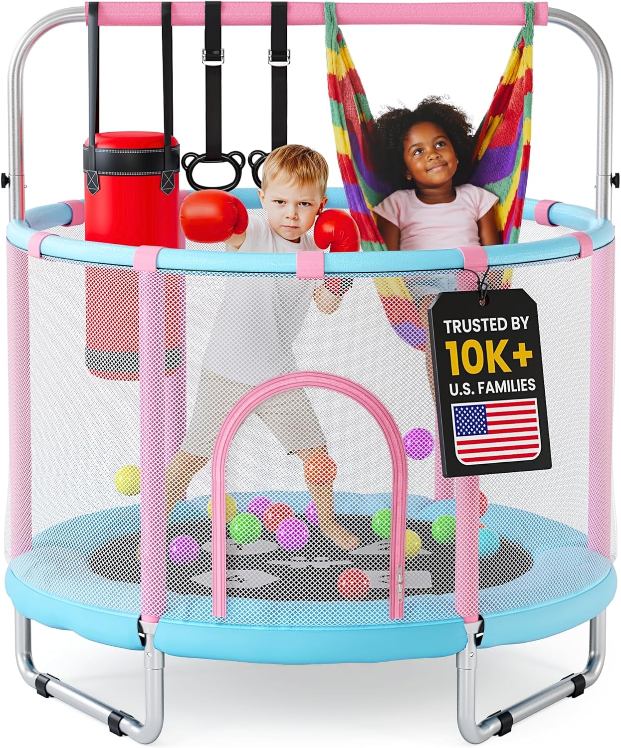 Happin Adventure 55” Kids Trampoline with Safety Net — Fun, Safe & Active Play at Home - Pastel Pink and Blue